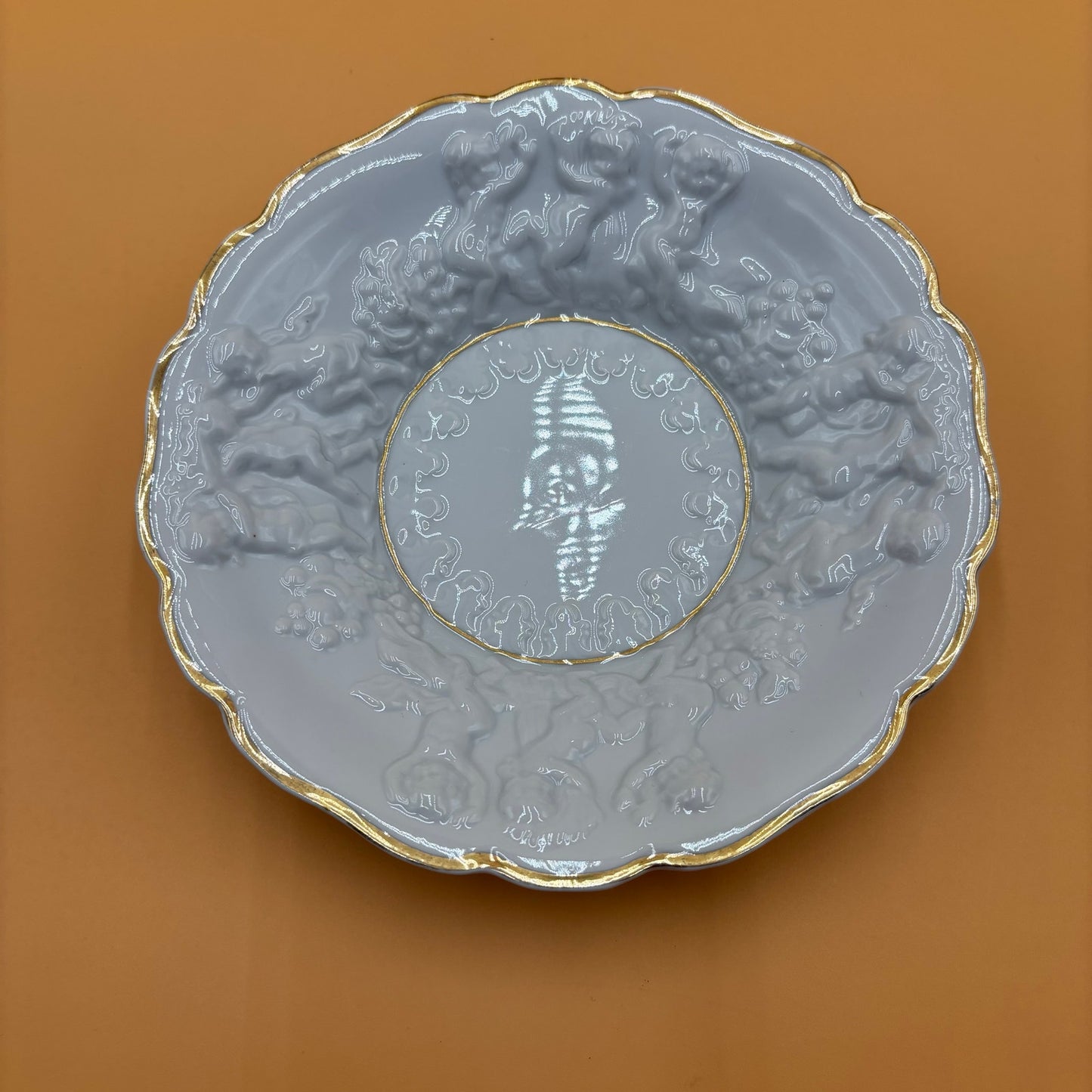 Vintage Embossed Cherub Porcelain Bowl with Gold Trim – 8.25”