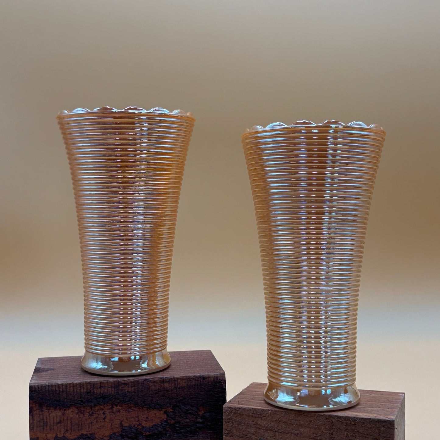 Vintage Fire King Peach Luster Scalloped Vases - Set of 2