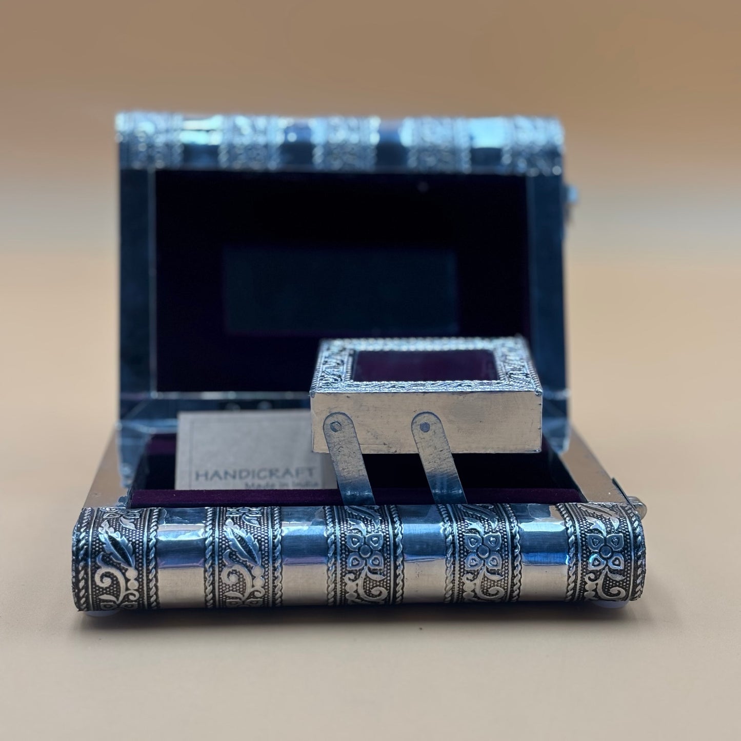 Pair of Handcrafted Indian Tiger Jewelry Boxes with Purple Velvet Interior