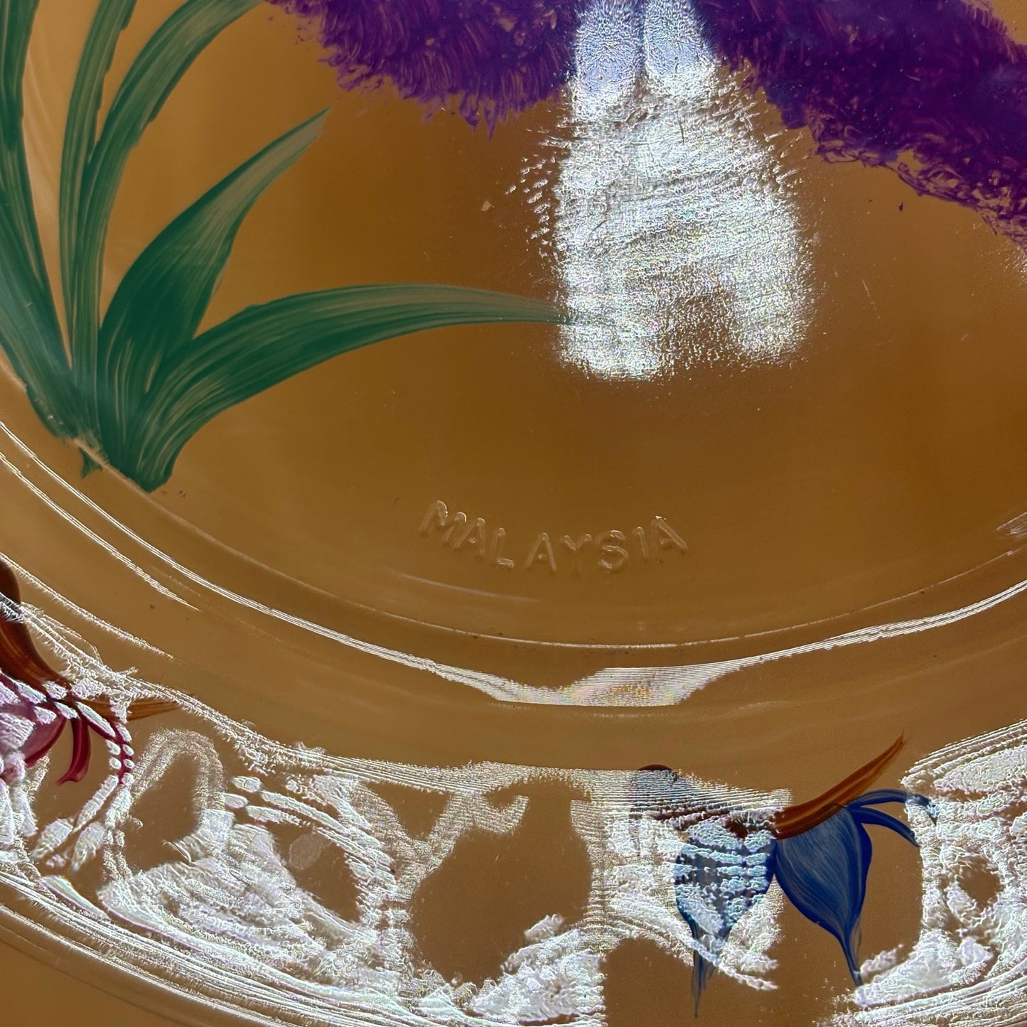 Handpainted Glass Plate - Purple Flowers & Butterflies - Malaysia