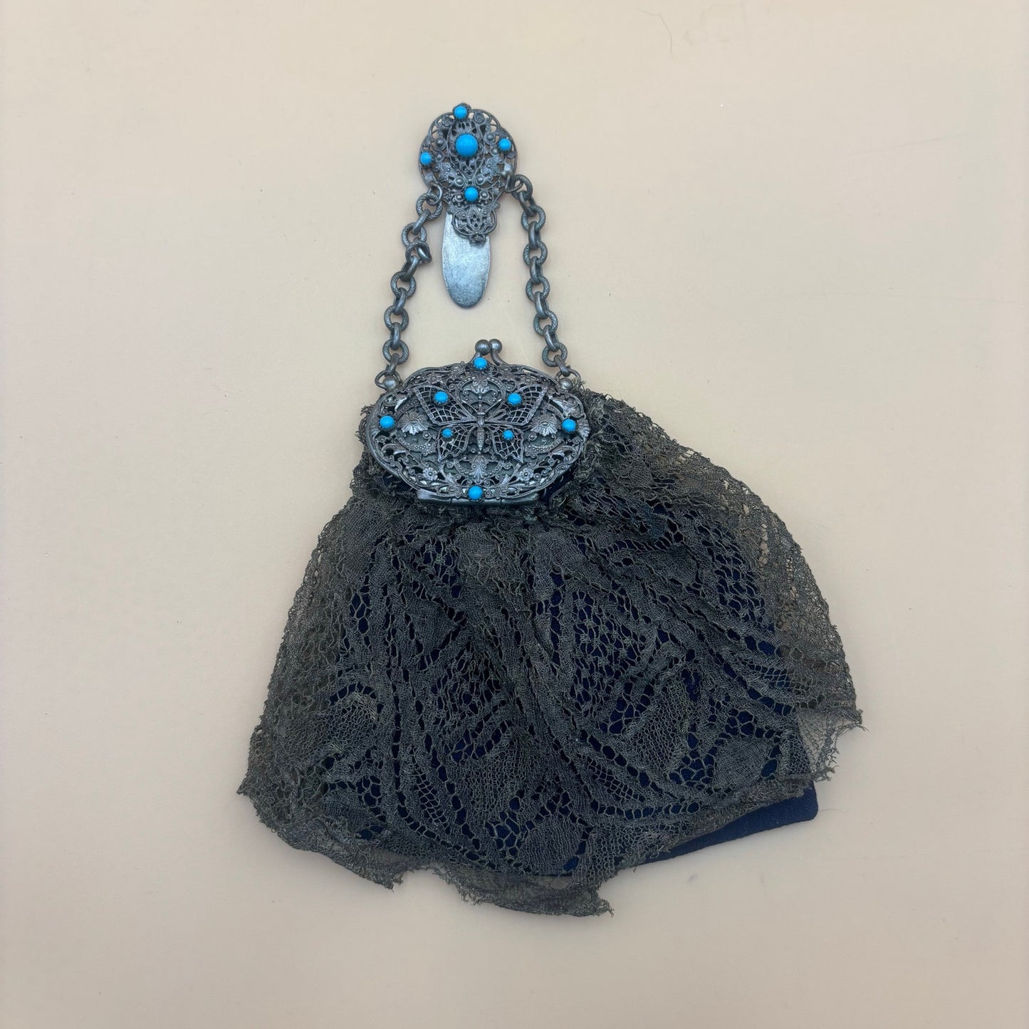 Antique Clip-On Purse with Mirror – Olive Green Lace & Blue Cloth Lining