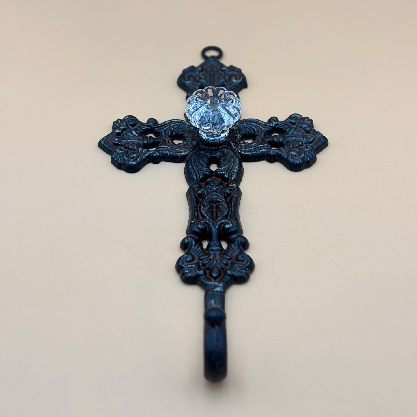 Wrought Iron Wall Cross with Crystal Knob Hook