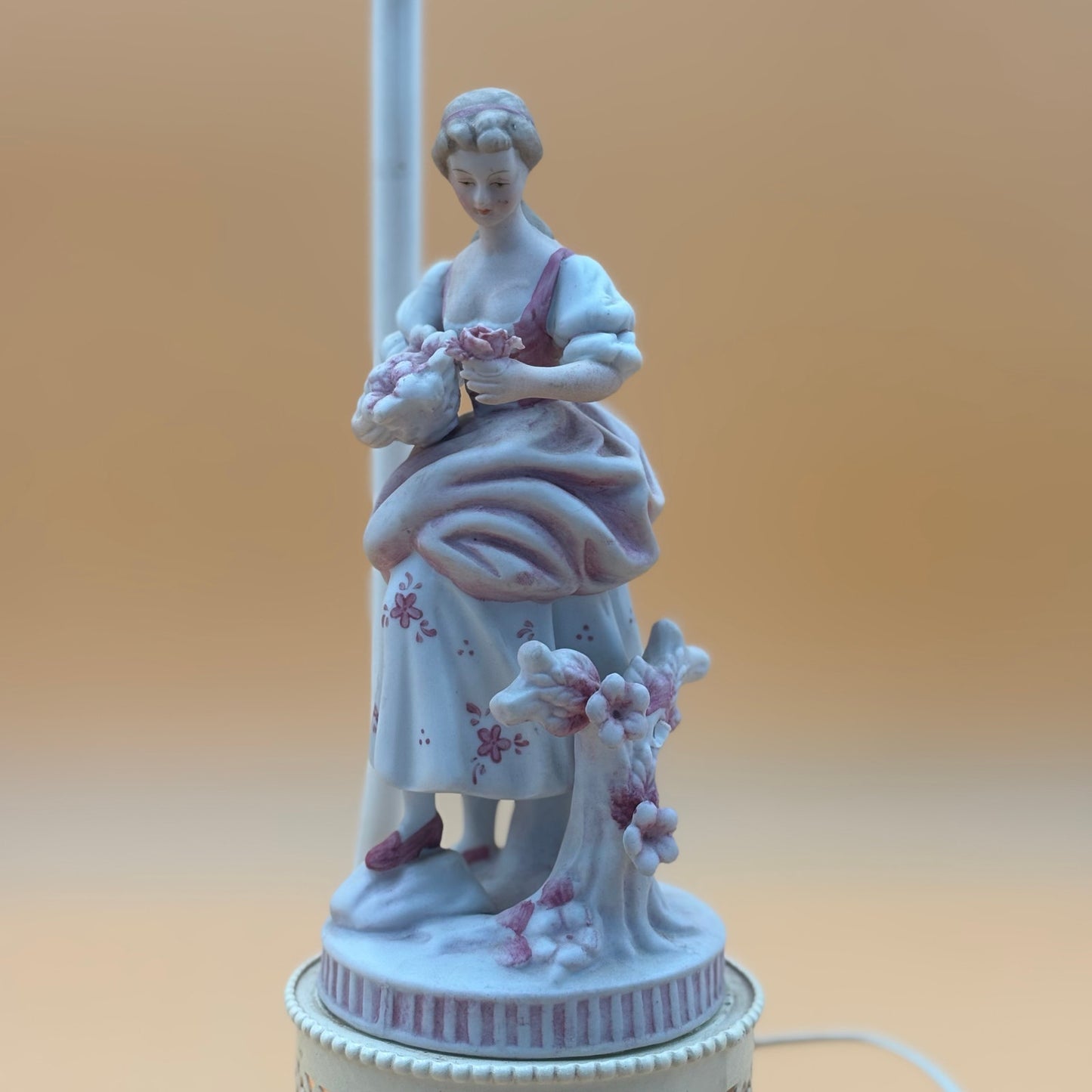 Pair of Vintage Porcelain Figural Lamps with Lighted Bases – Man & Woman with Cherry Blossoms – 17.5” Tall