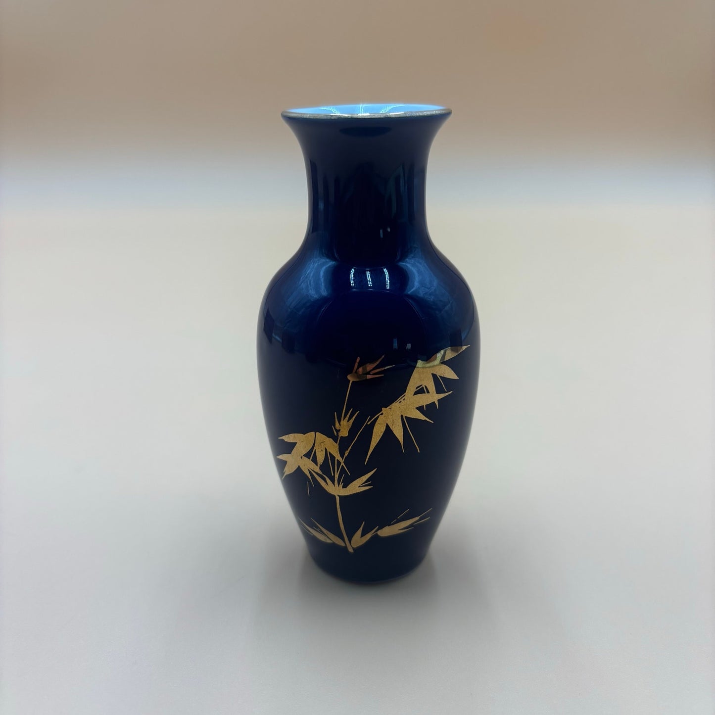 Vintage Cobalt Blue Vase with Gold Bamboo Design – 4.5” Tall
