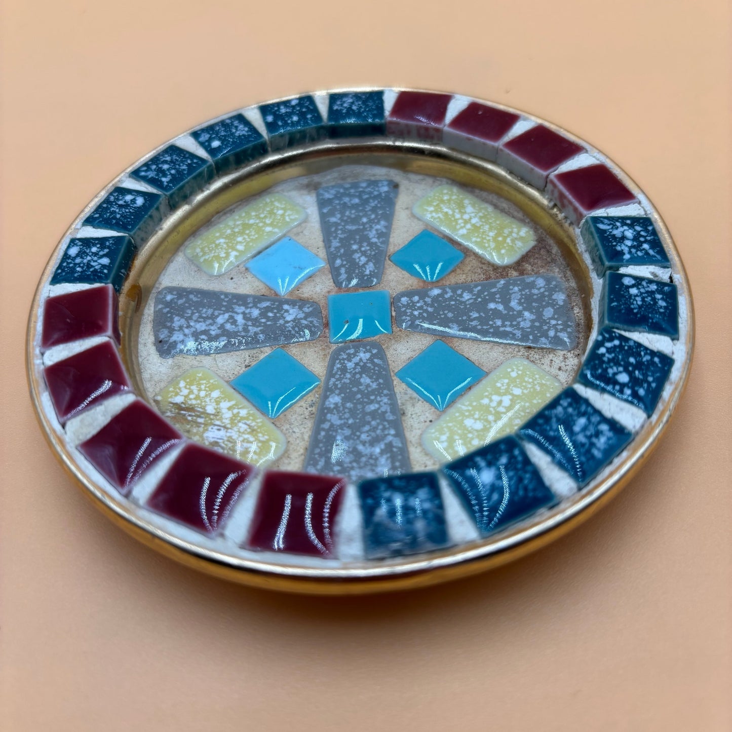 Vintage Mid-Century Mosaic Enamel Cup Holder Dish