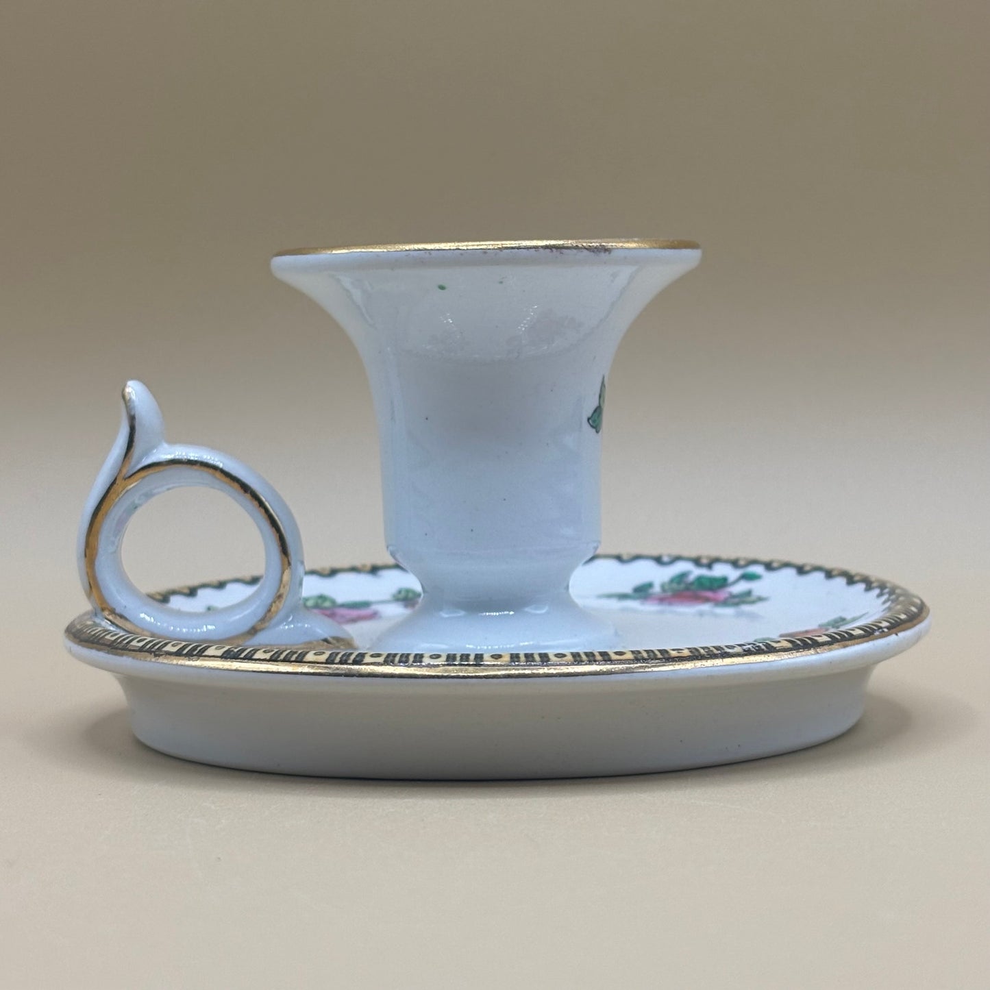 VTG Porcelain Finger Candlestick Holder - Pink Rose & Gold Trim