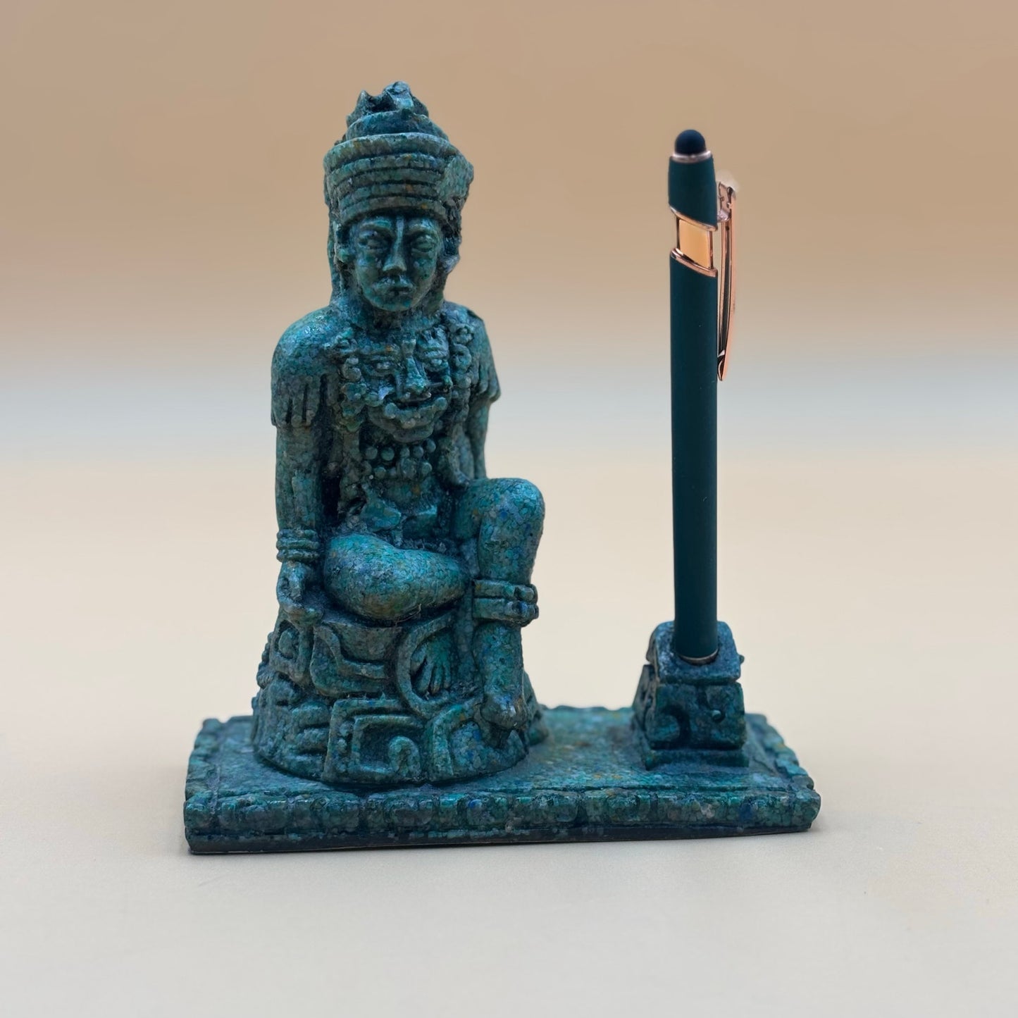 Aztec-Style Green Stone Pen Holder Statue – 6⅜” Tall