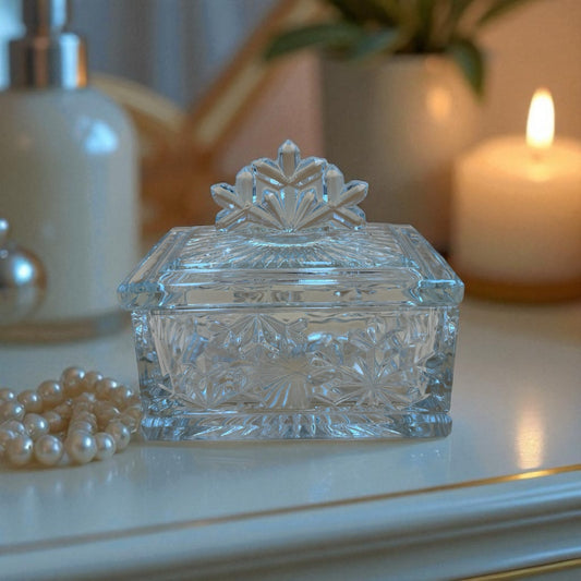 Vintage Clear Pressed Glass Snowflake Trinket Box