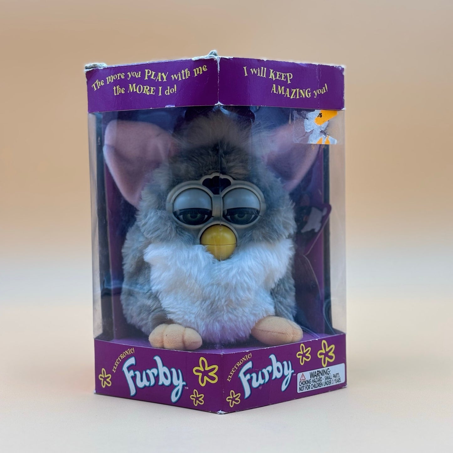 FURBY 1998 Tiger Electronics Furby in Box (Working) Gray & White
