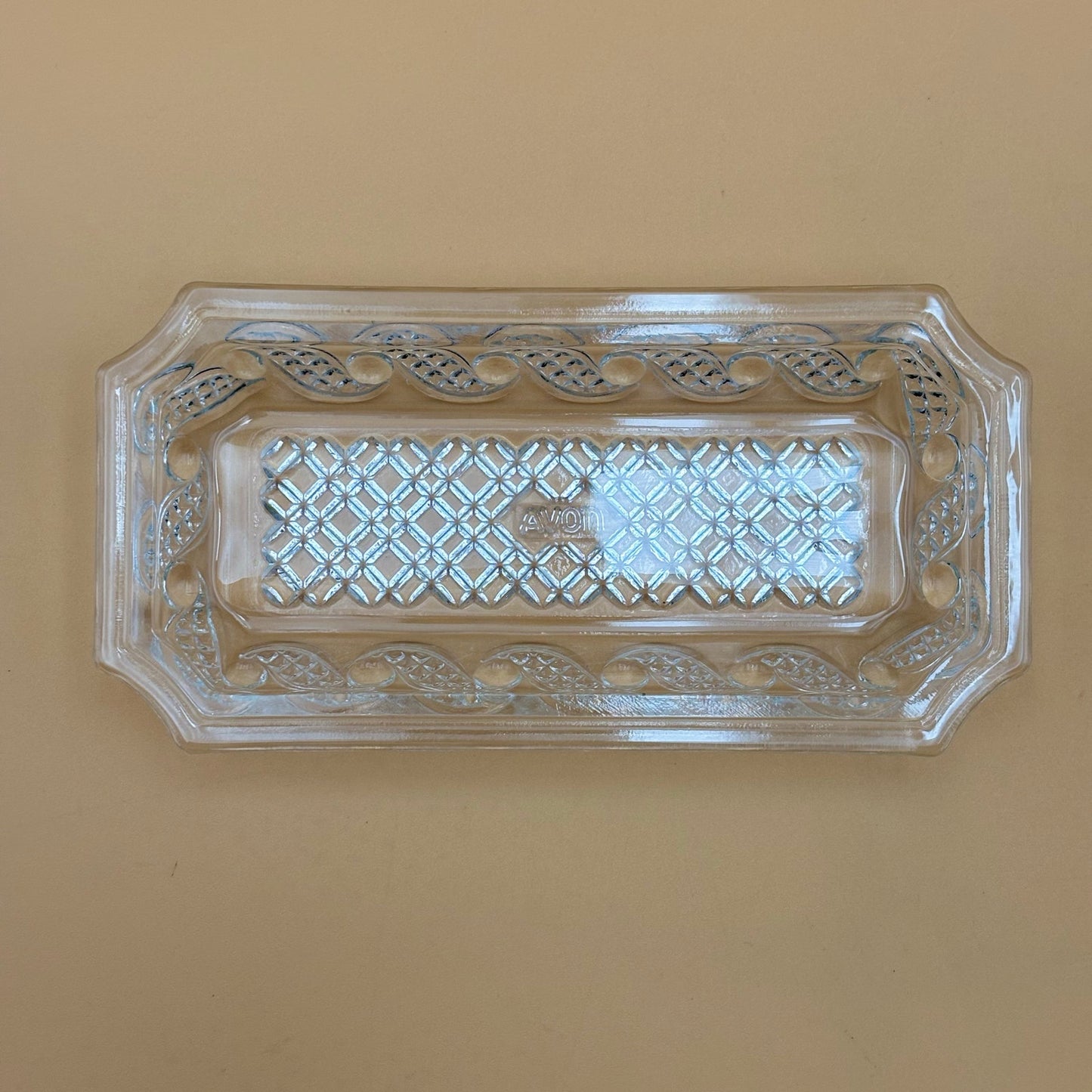 Vintage Avon Pressed Glass Butter Dish with Lid – Diamond Weave Pattern (7”)