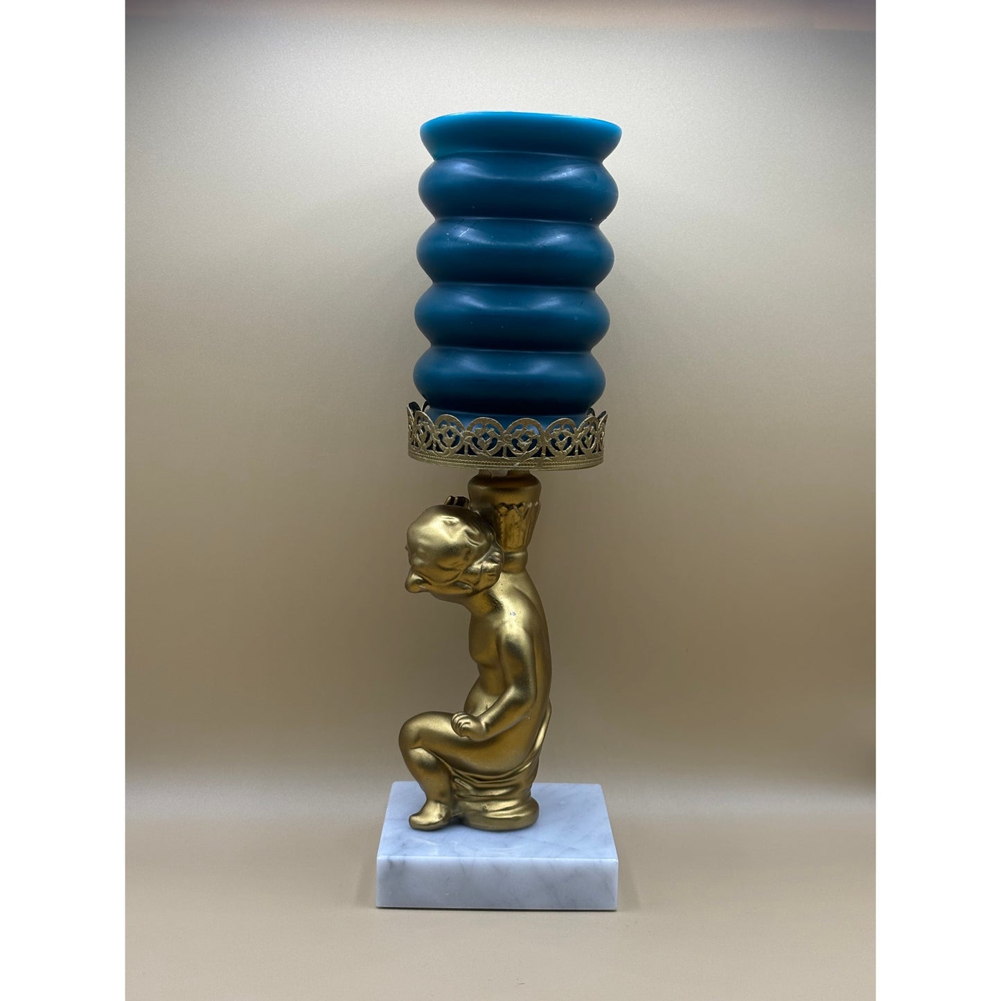 Vintage Metal, Gold Cherub Candle Holder with Marble Base 7.5 Inches Tall
