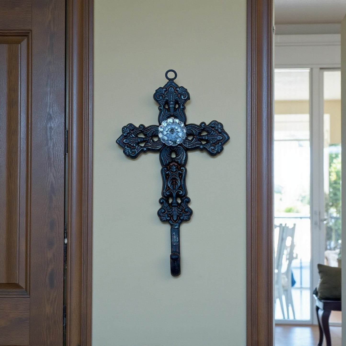 Wrought Iron Wall Cross with Crystal Knob Hook