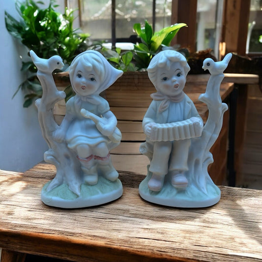 Vintage Bisque Figurines – Girl with Guitar & Boy with Accordion (Pair)