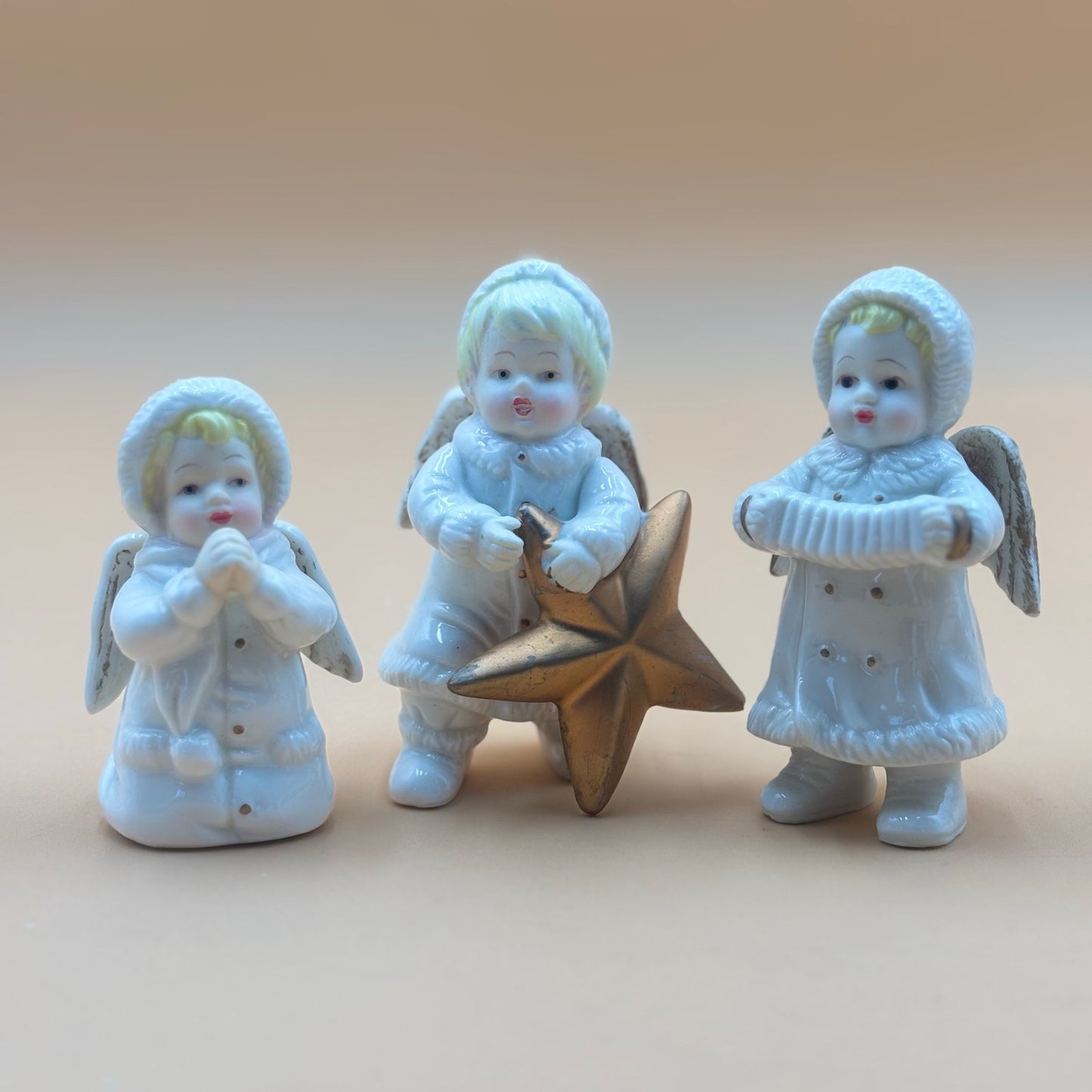 Set of 5 Vintage Ceramic Winter Angels with Gold Accents