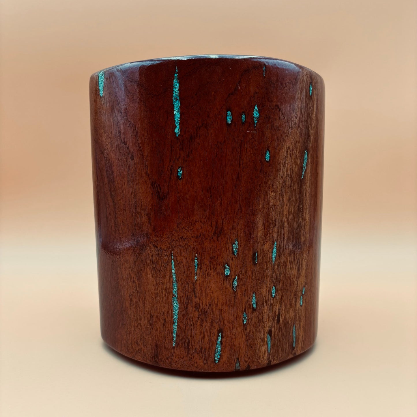 Hand-Carved Burlwood Vessel with Turquoise & Arrowhead Inlay
