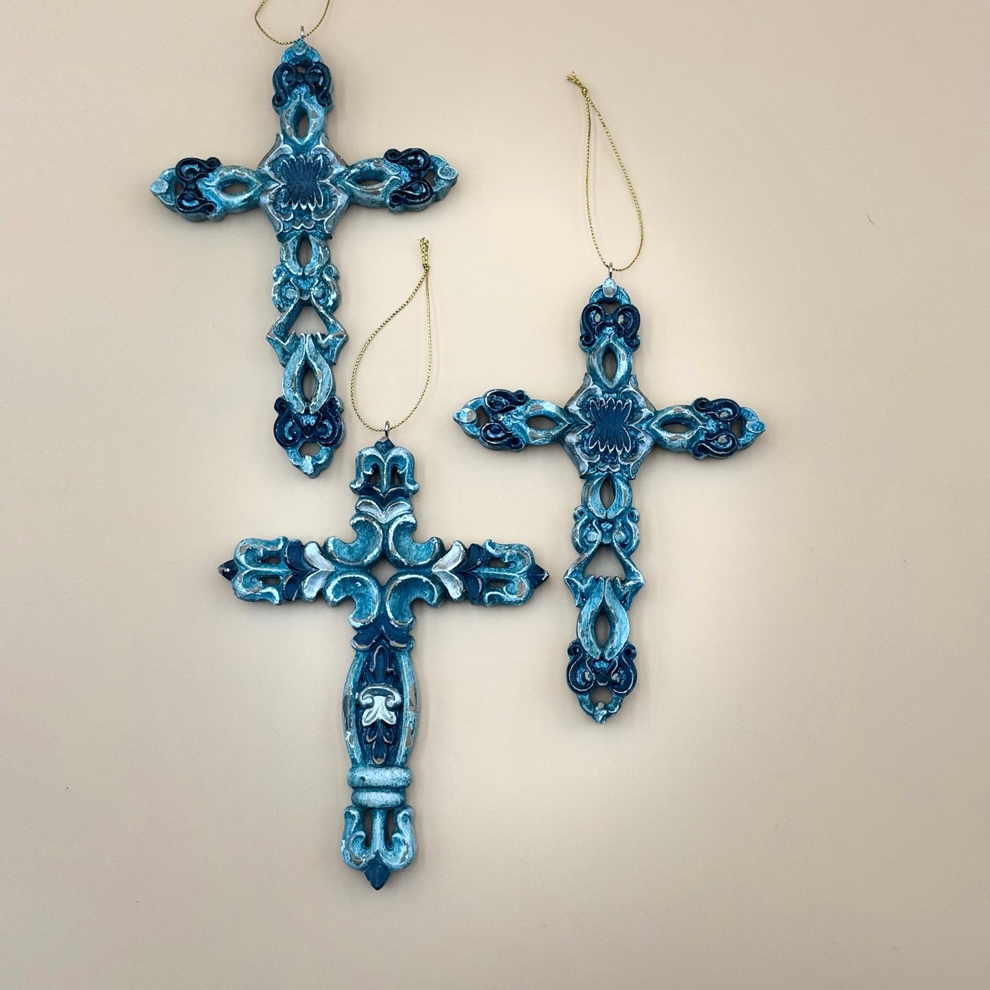Set of Three 7″ Cross Ornaments — Turquoise, Silver, and Brown Tones