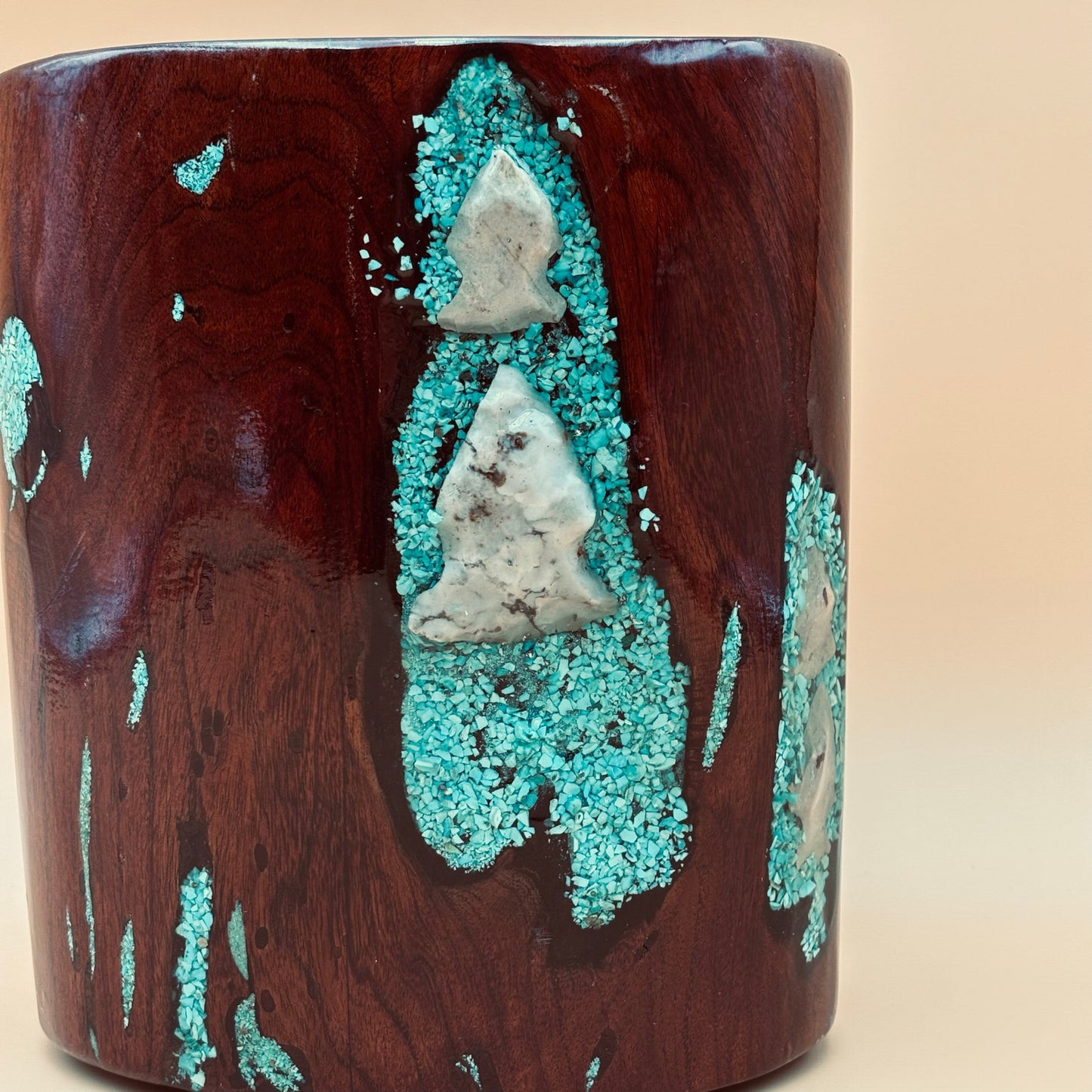 Hand-Carved Burlwood Vessel with Turquoise & Arrowhead Inlay