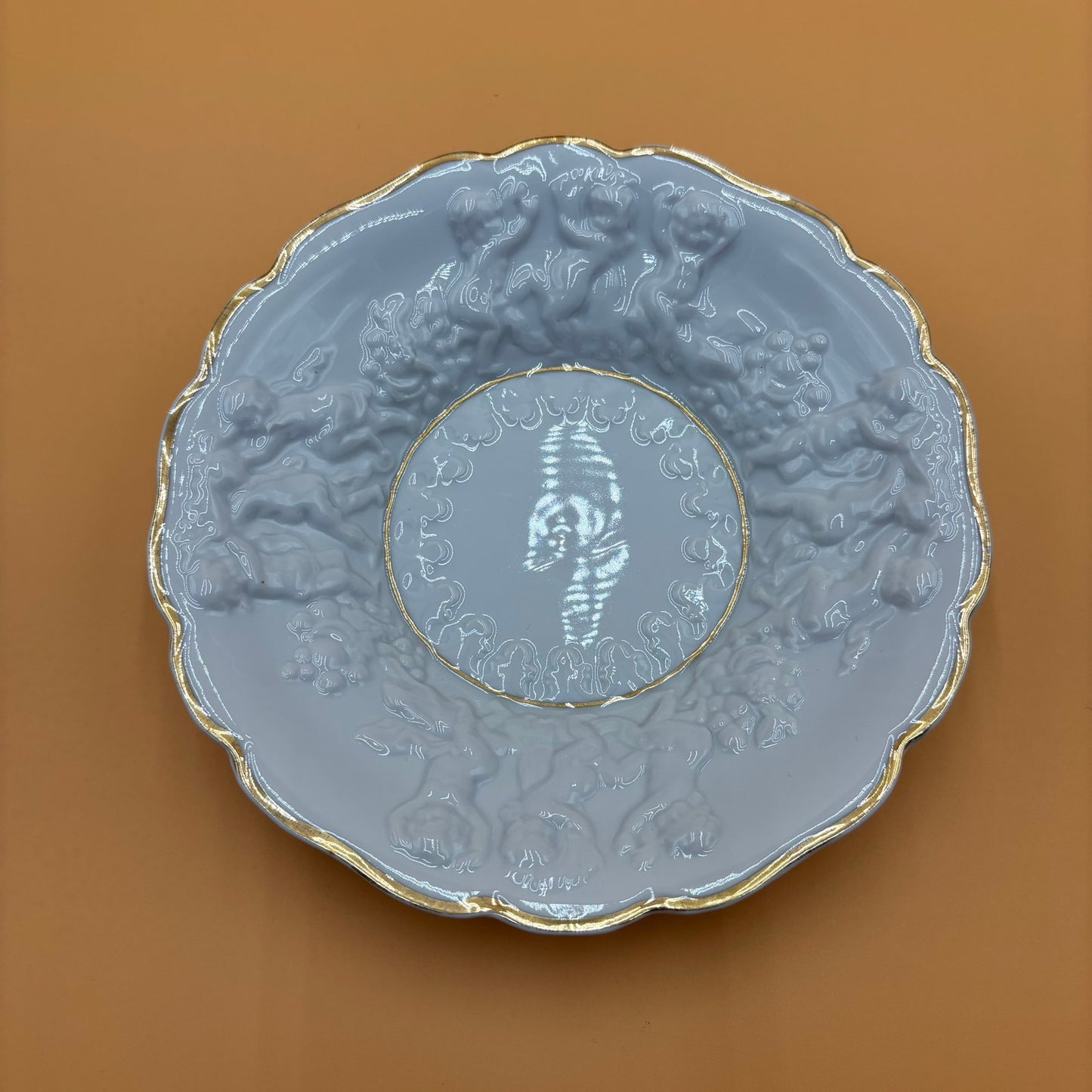 Vintage Embossed Cherub Porcelain Bowl with Gold Trim – 8.25”