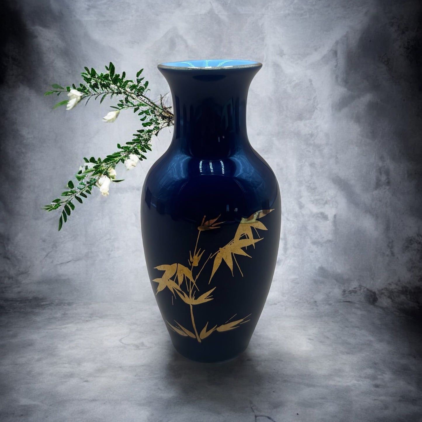 Vintage Cobalt Blue Vase with Gold Bamboo Design – 4.5” Tall