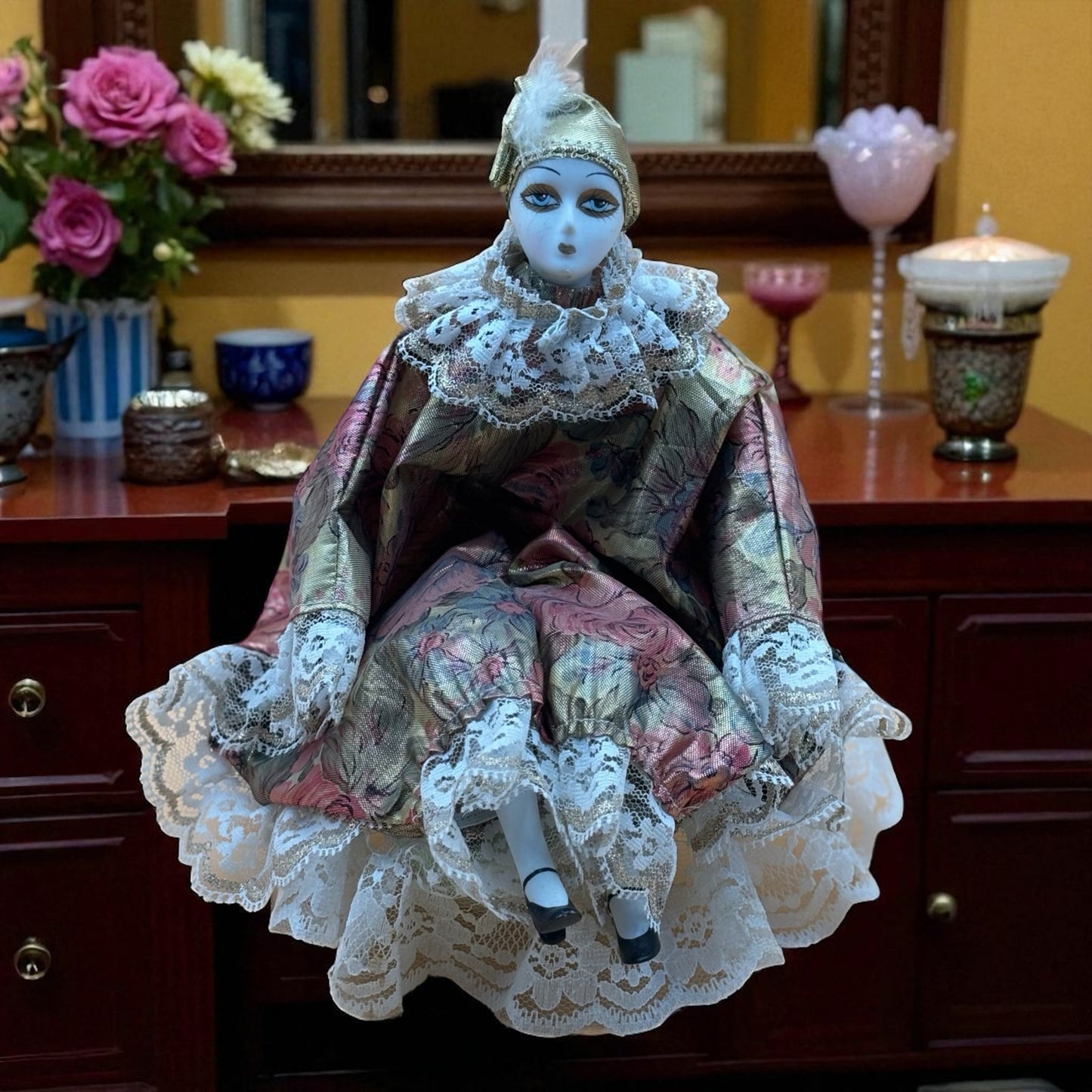 Porcelain Musical Clown Doll – Gold & Floral Dres
