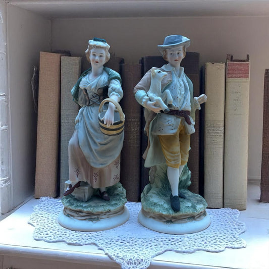 Lefton China KW3843 Hand-Painted Figurine Pair – Basket & Lamb Theme