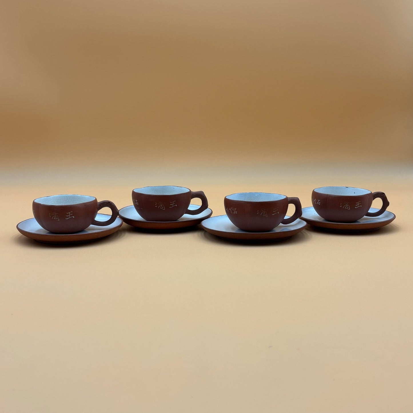 Antique Chinese Yixing-Style Red Clay Teapot Set – 4 Fair Cups & 4 Saucers with Etched Characters