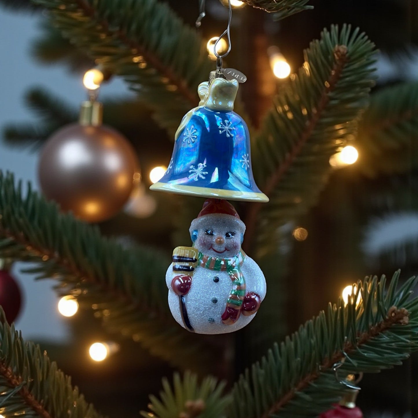 Radko Snowman and Bell Ornament – Handcrafted Glass – 7” x 3”