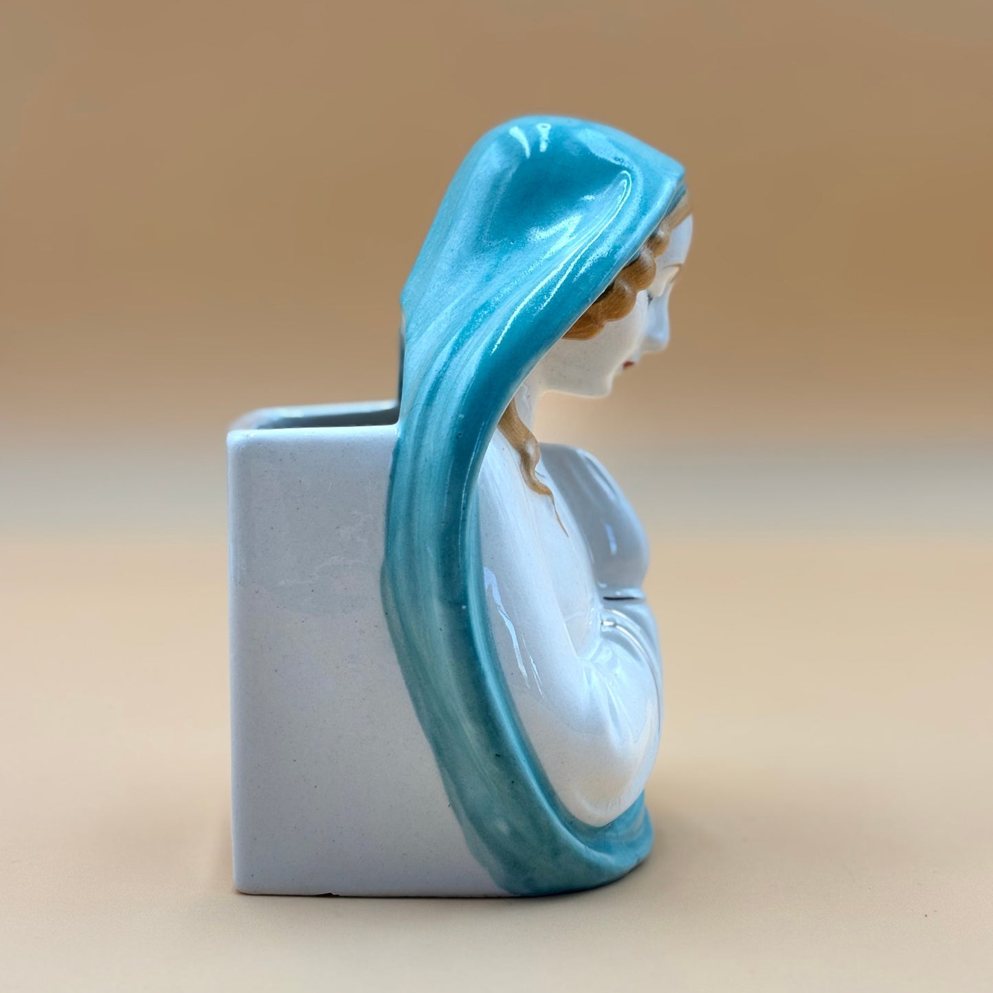 Hand Decorated Japan Virgin Mary Planter — Turquoise & White Ceramic