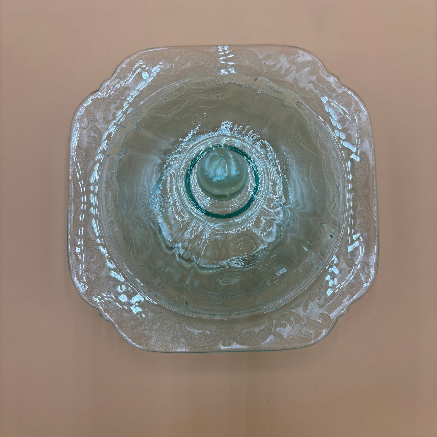 Depression Glass Butter Dish – Aqua Blue Etched Dome with Square Base