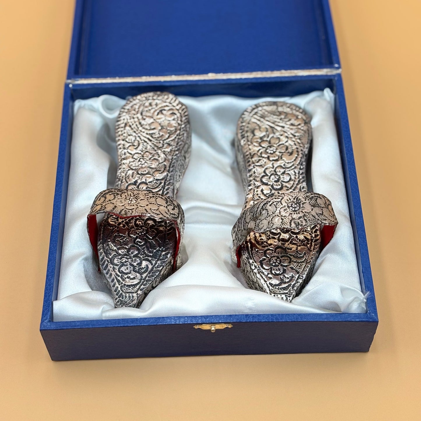 Vintage Ottoman Style Child’s Shoes Silver Tone on Wood with Box Collectible