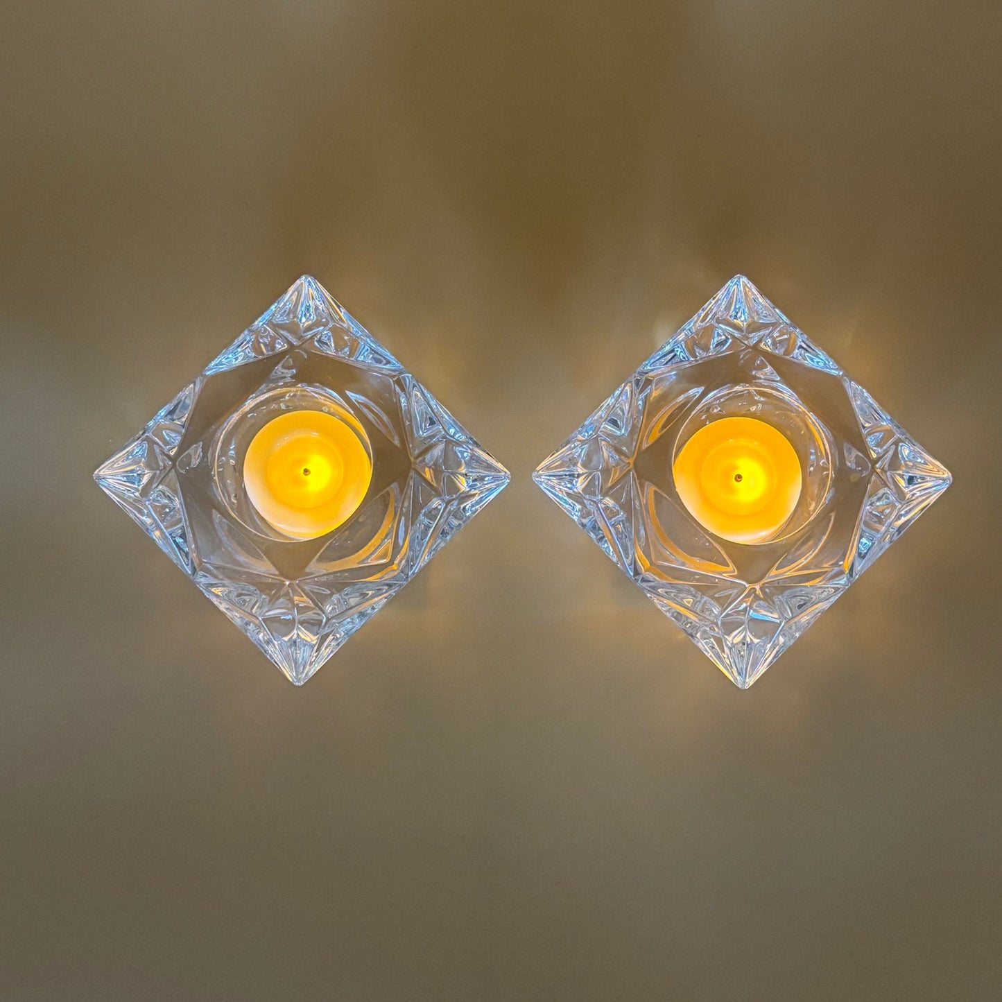 Set of 2 Vintage Crystal Cushion Cut Votive Candle Holders - Geometric Tealight