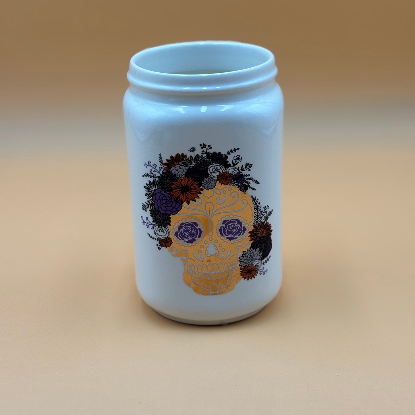 Floral Skull Porcelain Vase – Gold, Red, Purple & Black (7¼”)