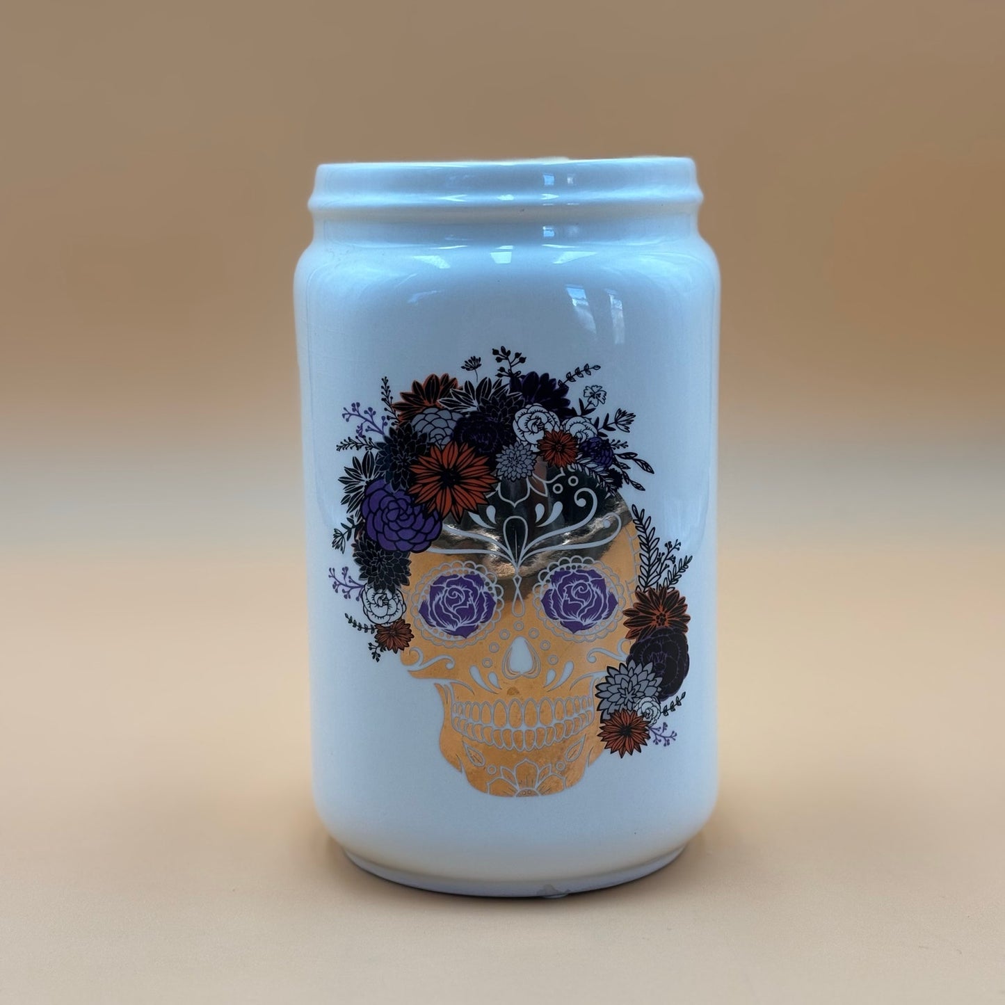 Floral Skull Porcelain Vase – Gold, Red, Purple & Black (7¼”)