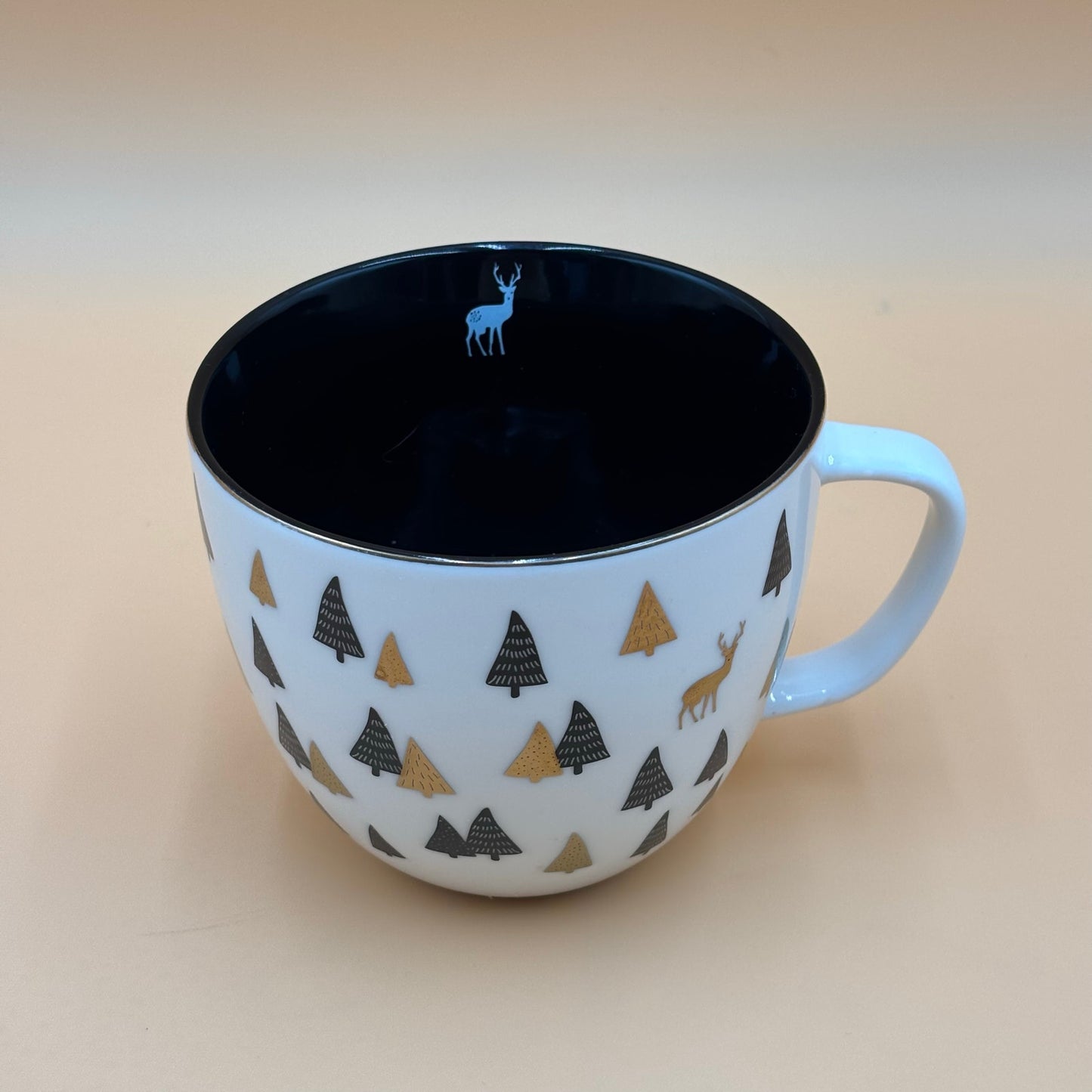 Vintage Holiday Latte Mug – Gold Pine Trees & Deer – 18oz Morris National