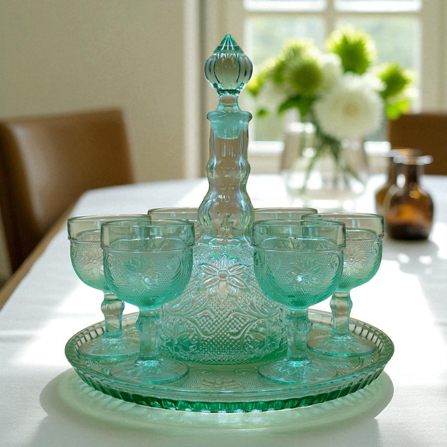 Aqua Green Pressed Glass Decanter Set with Tray and 6 Goblets