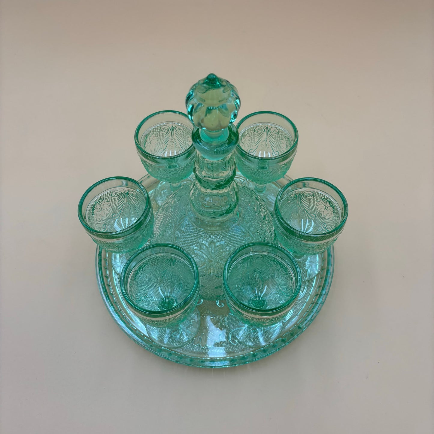 Aqua Green Pressed Glass Decanter Set with Tray and 6 Goblets