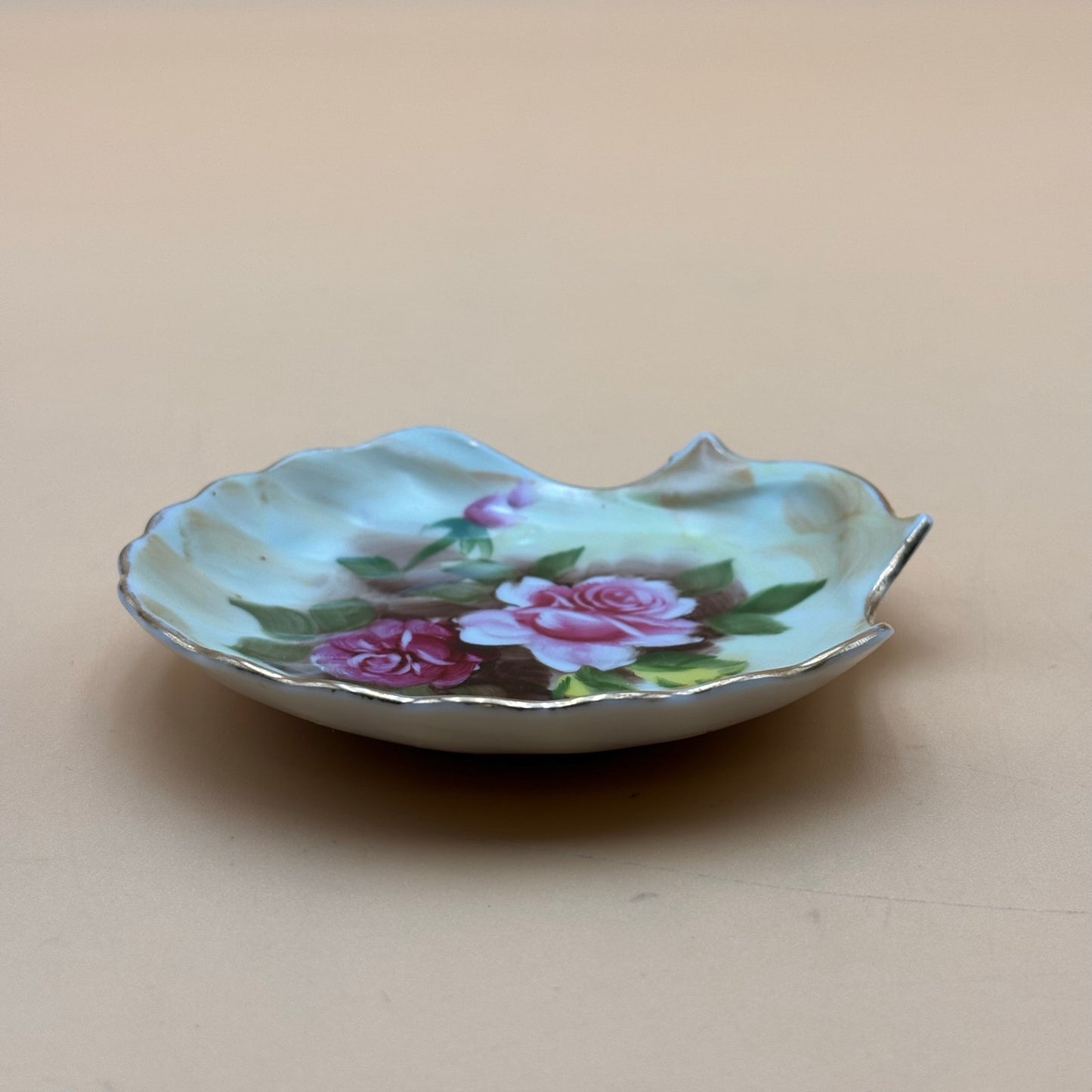 Hand-Painted Vintage Pink Rose Porcelain Shell Dish
