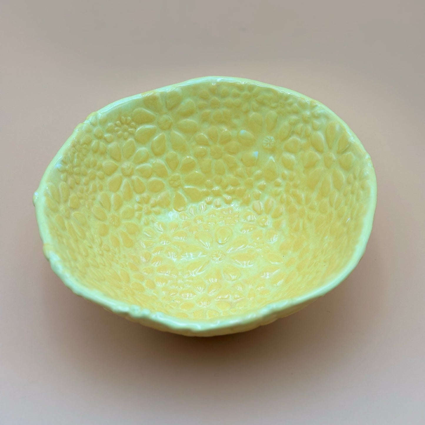 Handmade Bright Cheerful Yellow Pottery Bowl with Embossed Floral Design