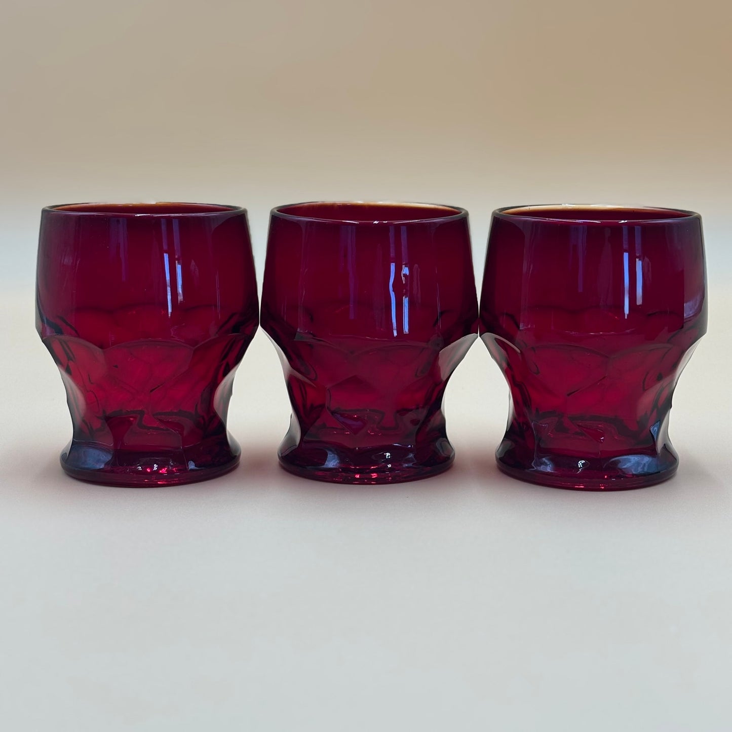 Set of 6 Vintage Ruby Red Glasses with Hexagonal/Honeycomb Base Mismatch