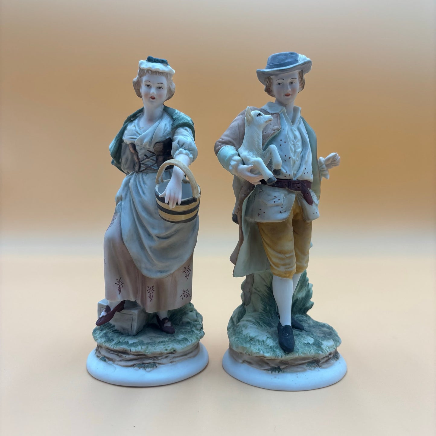 Lefton China KW3843 Hand-Painted Figurine Pair – Basket & Lamb Theme