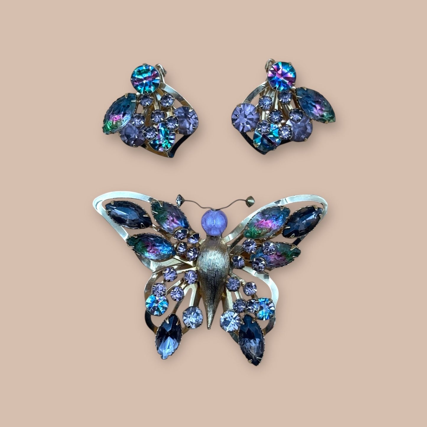 Selro Selini Watermelon Rhinestone Butterfly Brooch & Earrings – Rare Set