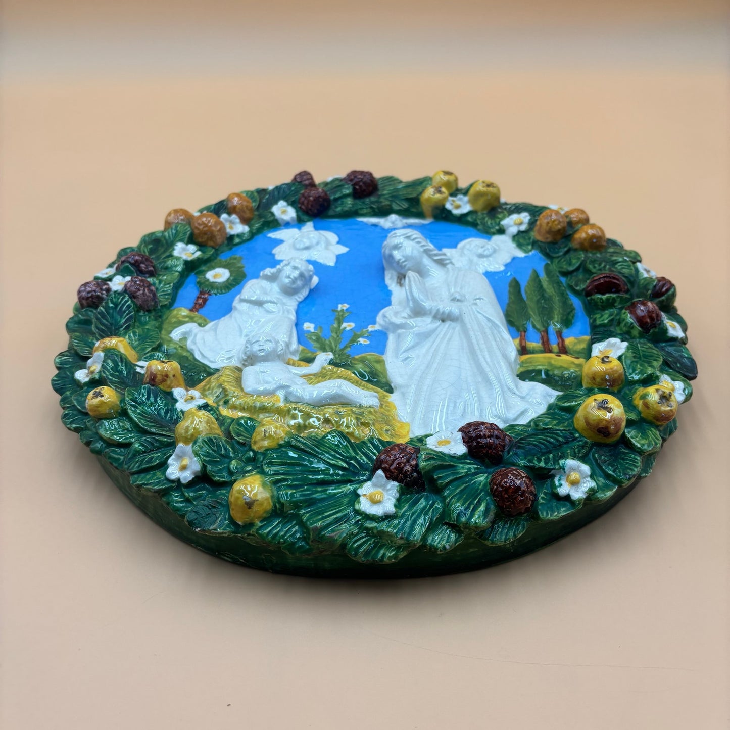 Vintage Carbone Italy Ceramic Nativity Wall Plaque – Hand-Painted, 14 3/8”