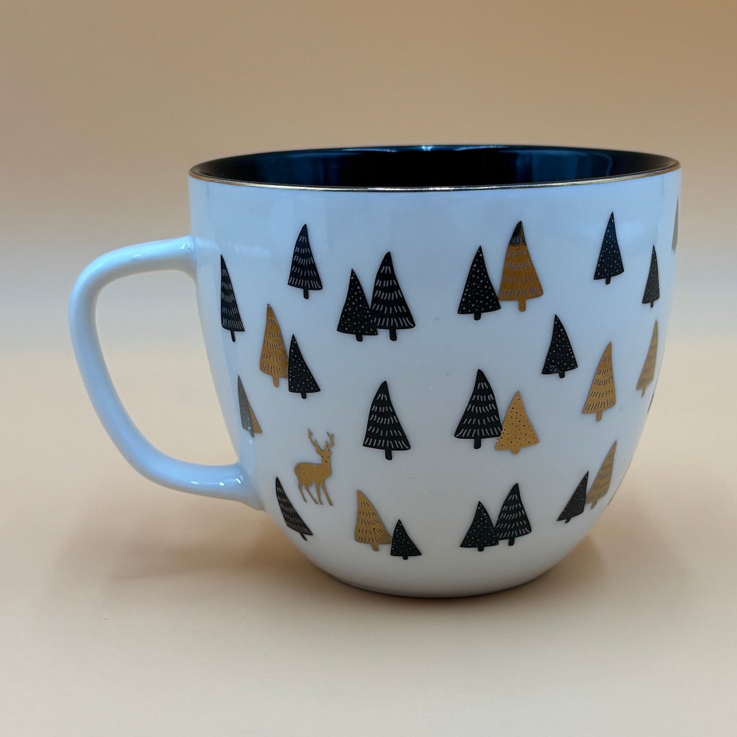 Vintage Holiday Latte Mug – Gold Pine Trees & Deer – 18oz Morris National