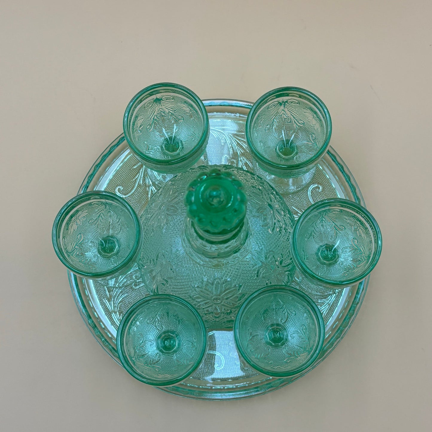 Aqua Green Pressed Glass Decanter Set with Tray and 6 Goblets