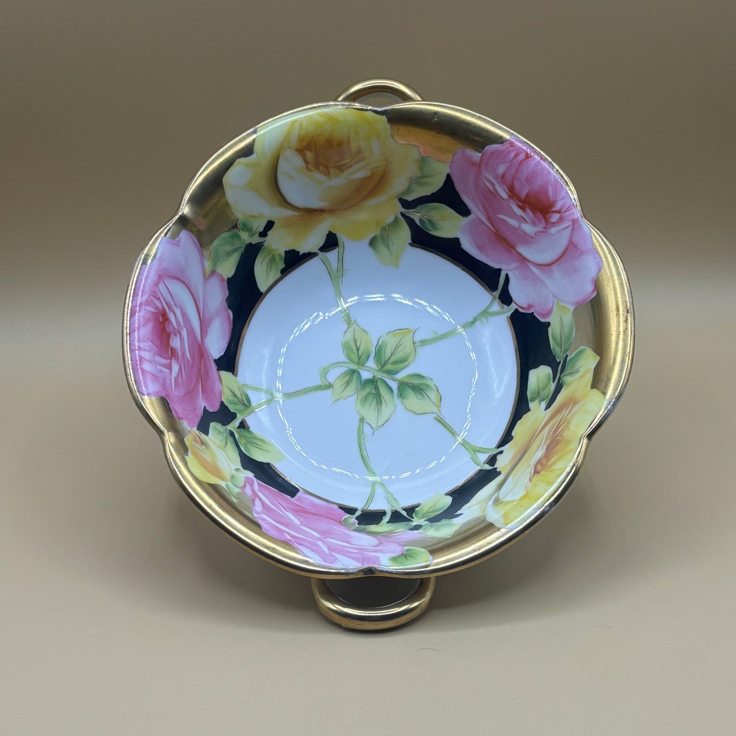 Noritake Green Wreath Yellow Pink Roses Black Gold Handled Bowl