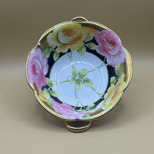 Noritake Green Wreath Yellow Pink Roses Black Gold Handled Bowl