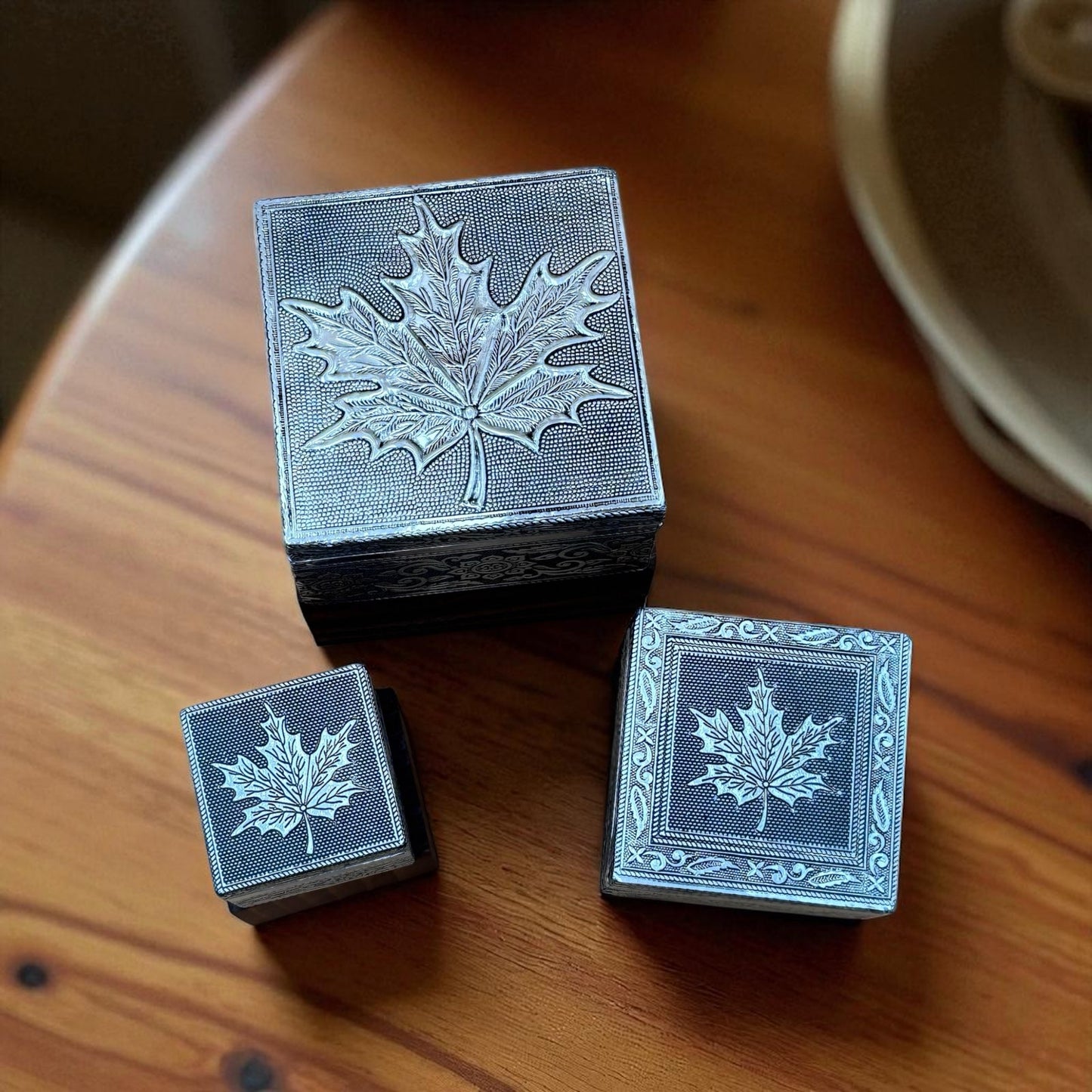 Handcrafted Silver-Toned Maple Leaf Trinket Box Set – 3 Sizes
