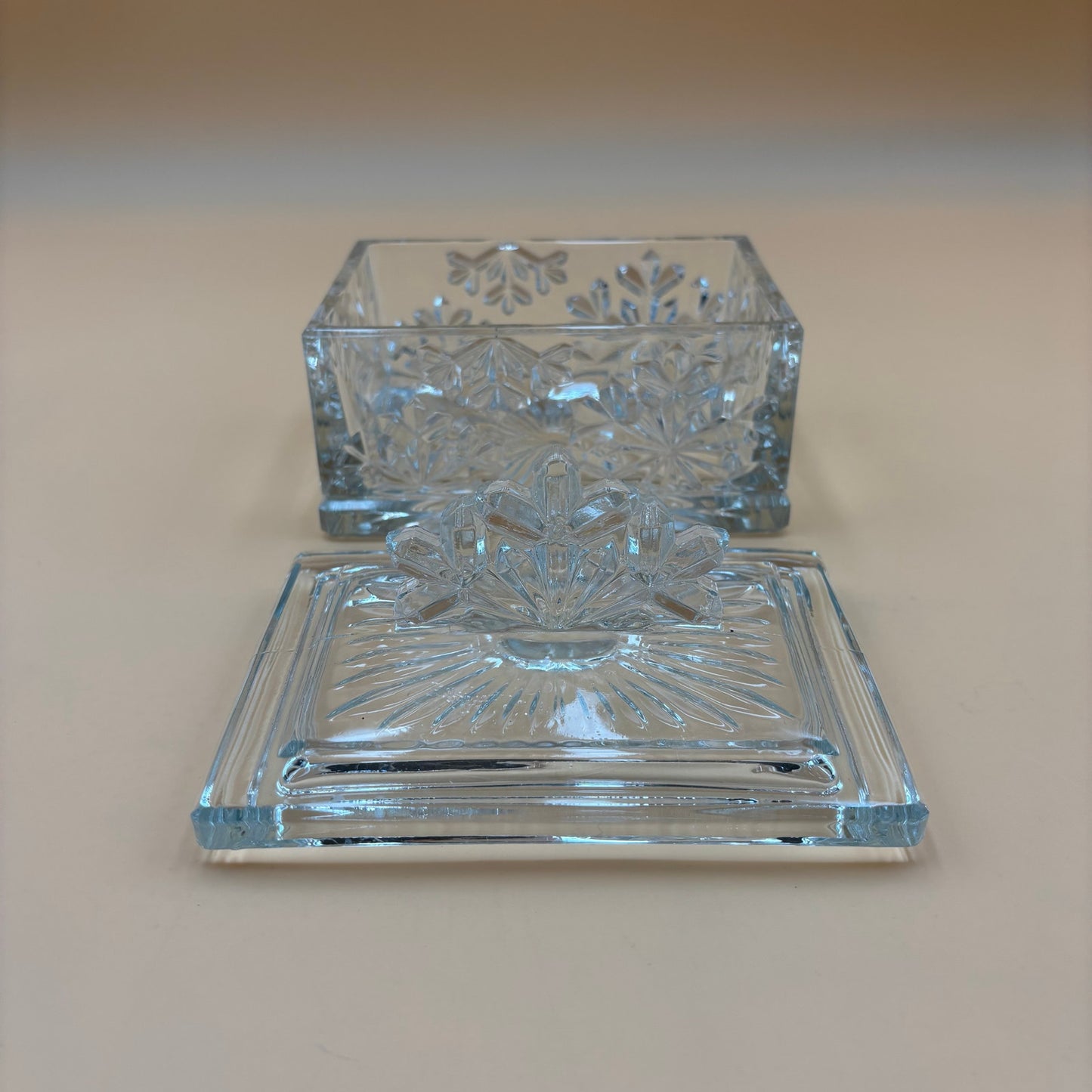 Vintage Clear Pressed Glass Snowflake Trinket Box