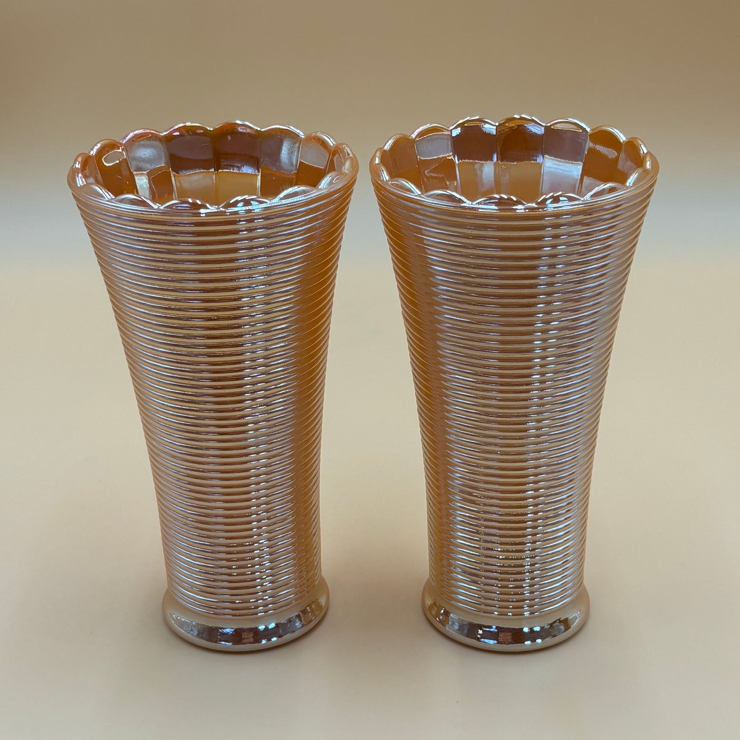Vintage Fire King Peach Luster Scalloped Vases - Set of 2