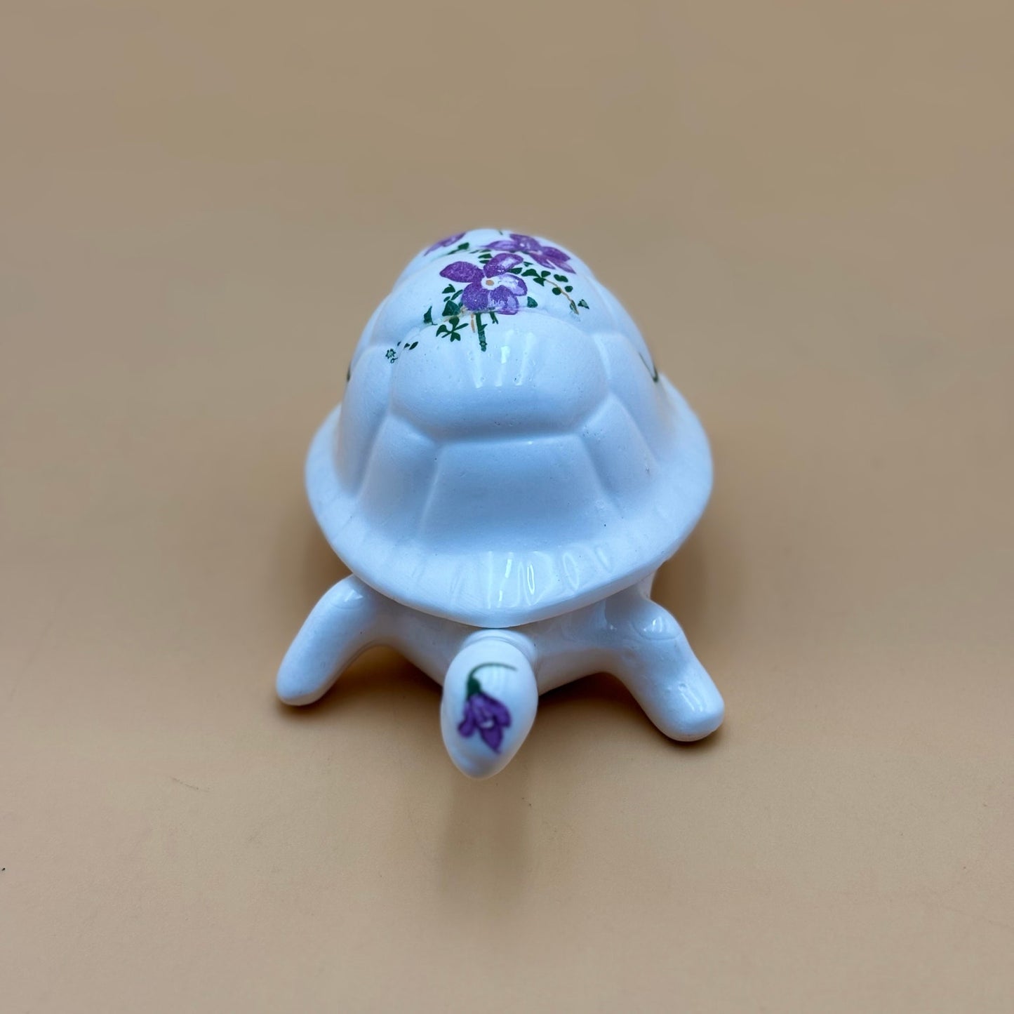 Porcelain Turtle Trinket Box with Purple Floral Design – Made in Taiwan